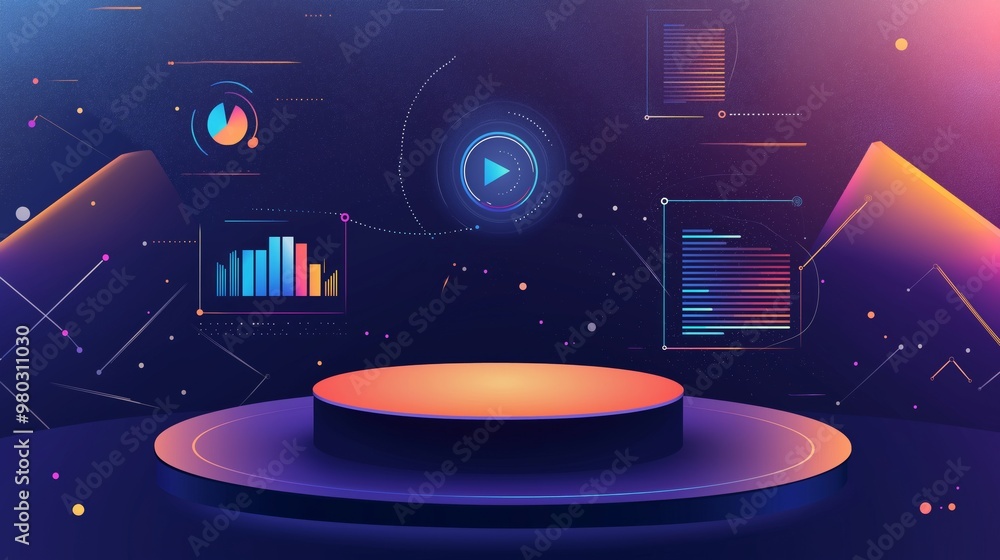 Poster futuristic digital dashboard with abstract data charts and graphs, empty podium platform in modern t