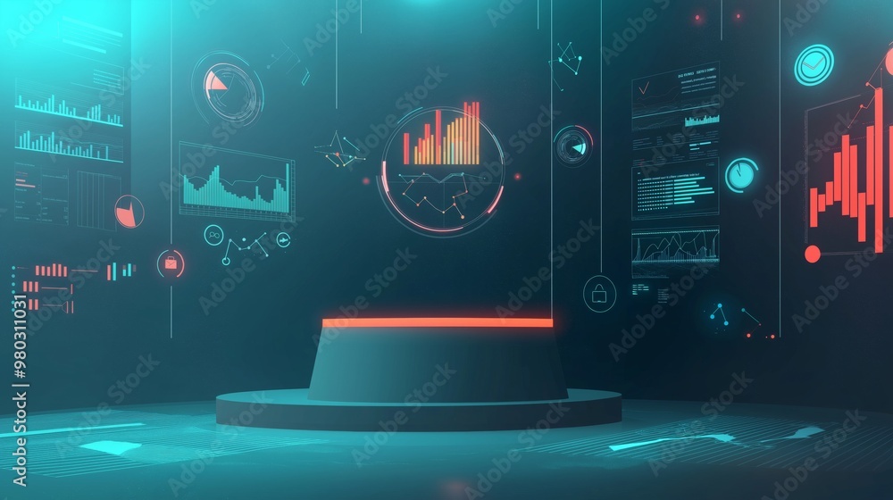 Poster futuristic data visualization concept with digital graphs and charts on a high-tech platform, ideal 