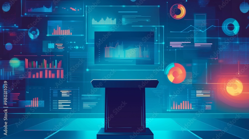 Poster futuristic digital interface with charts and graphs on screens, depicting data analysis and technolo