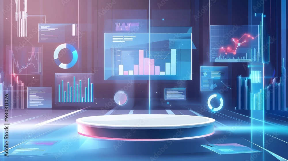 Poster futuristic digital interface with data analysis charts and graphs, perfect for business analytics an