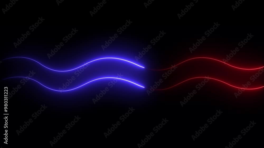 Poster glowing red and blue color neon line waves animation, 4k video. abstract glowing neon speed lines. a