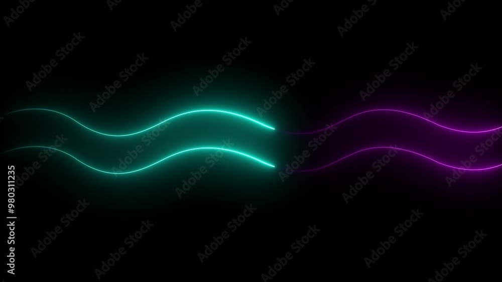 Poster glowing pink and cyan color neon line waves animation, 4k video. abstract glowing neon speed lines. 