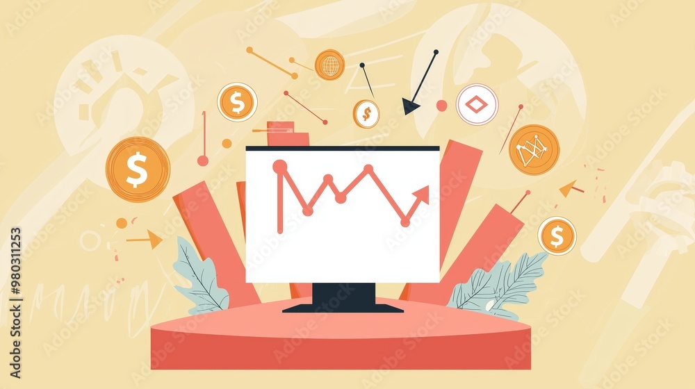 Poster Illustration of a computer screen displaying a graph with upward trend surrounded by icons representing financial growth and data analytics.