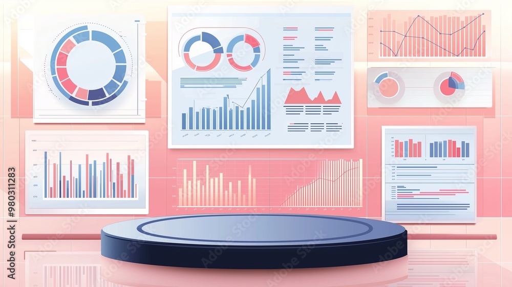 Poster data visualization dashboard with charts, graphs, and diagrams displayed on a pink background, perfe