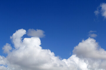 Blue sky with several fluffy cumulus white clouds abstract background