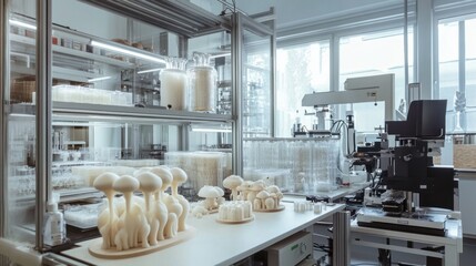 A futuristic packaging innovation lab where researchers work on biodegradable packaging solutions made from mushroom-based materials. The lab is filled with samples and prototypes