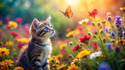 Fototapeta premium Adorable small kitten sits amidst vibrant wildflowers, gazing up at a delicate butterfly, basking in warm sunlight, surrounded by colorful blooms and serene nature.