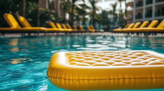 Inflatable yellow pool float resting on blue water
