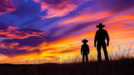 Fototapeta premium Father and son cowboy silhouettes against a vibrant sunset 
