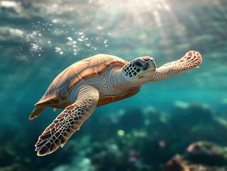 Obraz premium Majestic sea turtle gliding through crystal-clear waters, 3D illustration