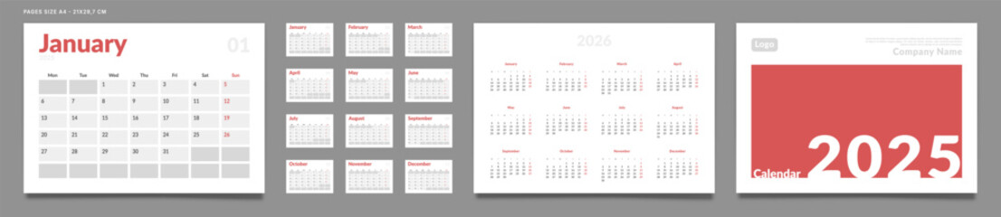 Set of 2025 Pages Monthly Calendar Planner Templates, Cover with Place for Photo, Company Logo, Annual. Design of Vector layout Calendar Pages size A4-21x29.7 cm in for print. Week start on Monday