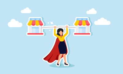 A super businesswoman lifting a store or marketplace, illustrating an entrepreneur who effectively manages or runs a digital marketplace in today era