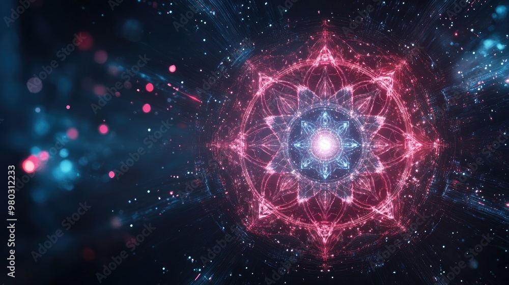 Poster digital chakra designs glowing with particles and tech-inspired lines, leaving space for belief mess