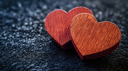 Obraz premium Two Red Wooden Interlocking Hearts On Black Felt Background - Valentine's Day / Marriage Concept with generative ai