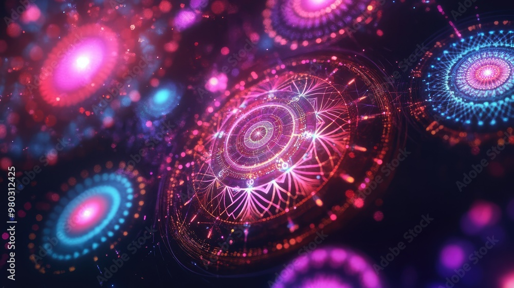 Aufkleber digital chakra patterns glowing on a dark background, with space for messaging on technology beliefs