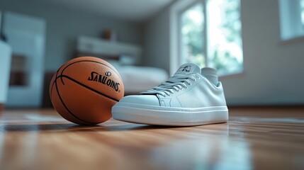 Naklejka premium A basketball and a sneaker on a wooden floor in a bright room.
