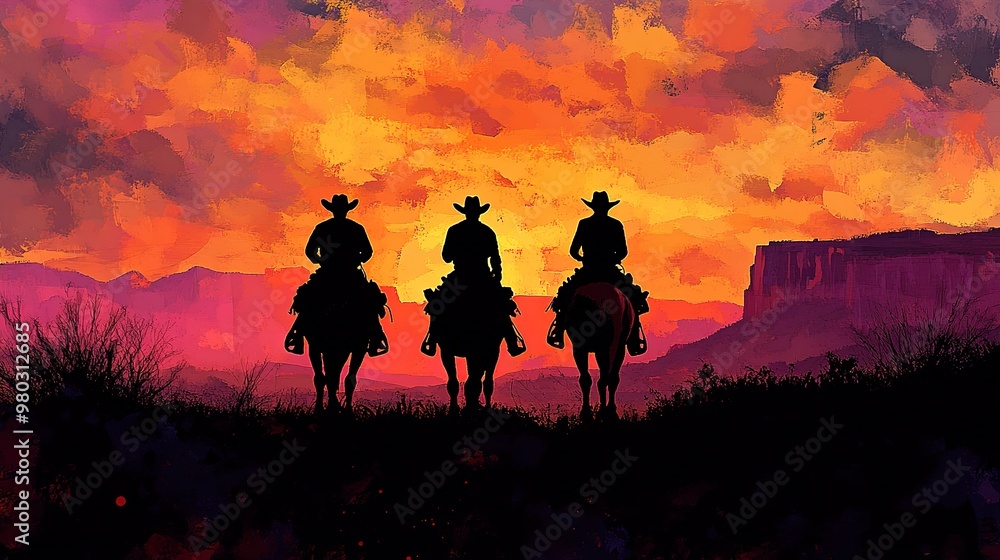 Canvas Prints Three cowboys on horseback silhouetted against a vibrant sunset landscape.