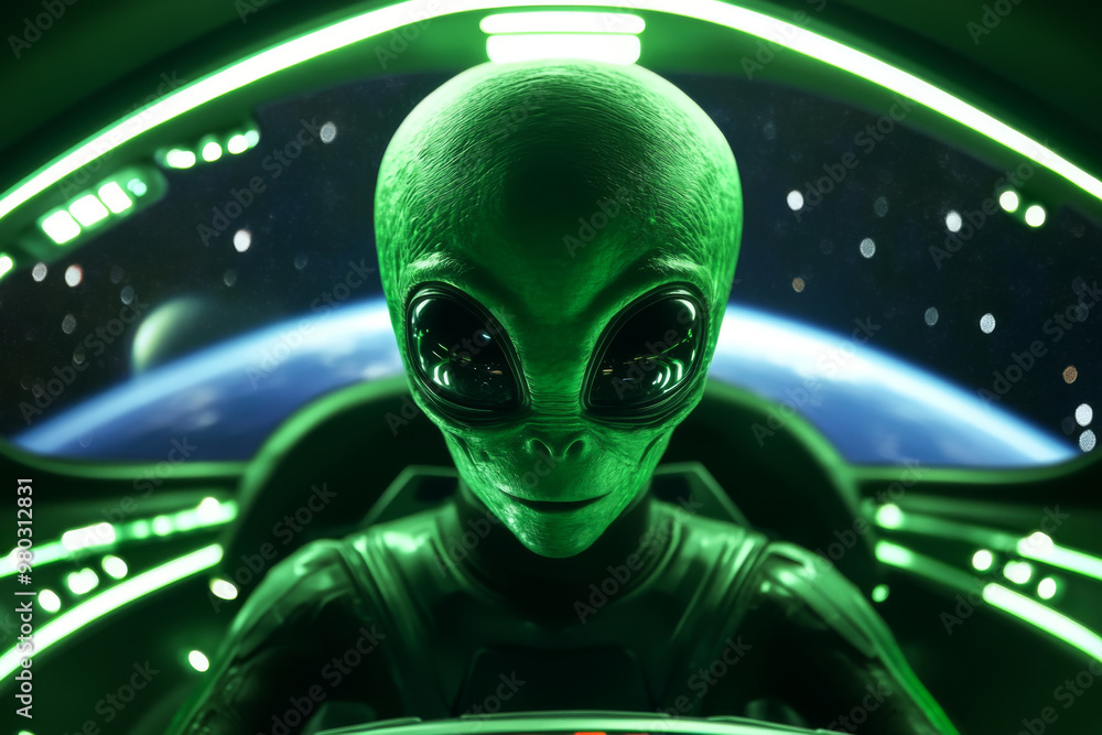 Wall mural green alien inside spaceship in shape of flying saucer navigating through outer space. alien pilotin