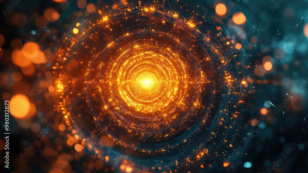 Poster digital mandala art representing the intersection of belief and technology, with space for text