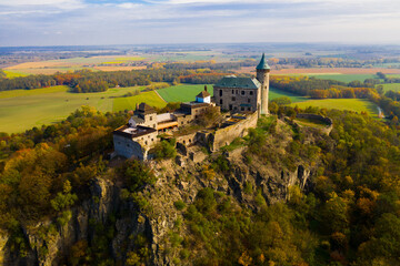 Fototapeta premium View from drone of Czech medieval Kunetice Mountain Castle