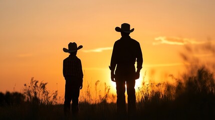 Father and son. Communication at sunset. Silhouette of two cowboys against the backdrop of sunset