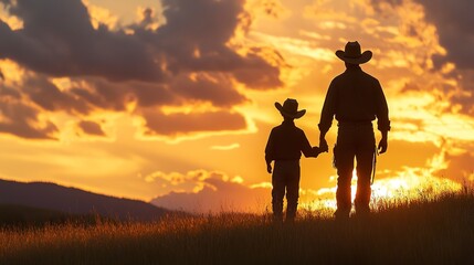 Father and son. Communication at sunset. Silhouette of two cowboys against the backdrop of sunset.