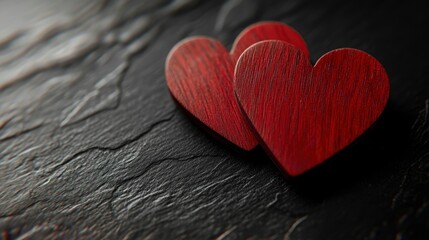 Fototapeta premium Two Red Wooden Interlocking Hearts On Black Felt Background - Valentine's Day / Marriage Concept with generative ai