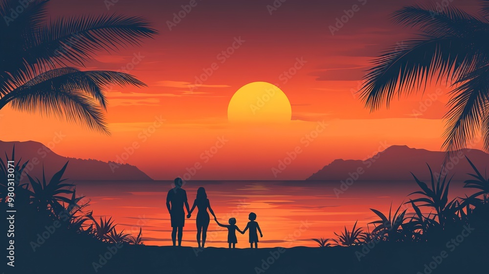 Poster vector illustration of a happy shadow family on beautiful amazing beach sunset nature