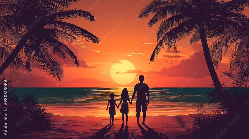 Wall mural vector illustration of a happy shadow family on beautiful amazing beach sunset nature 