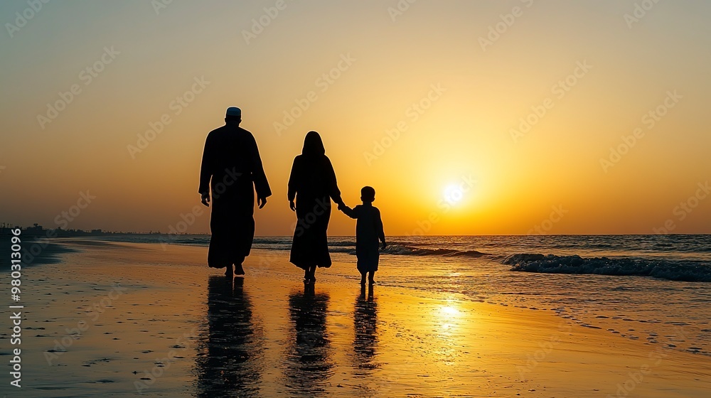 Wall mural Silhouette of a Muslim family on the beach at sunset 