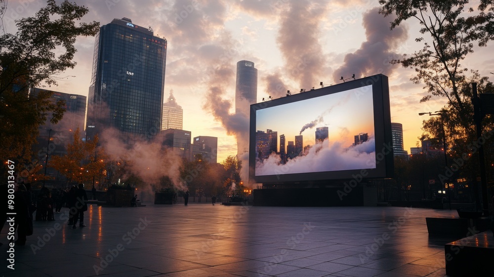 Poster a large, rectangular screen displays a sunset over a city skyline with clouds. the screen is set up 