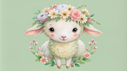 Naklejka premium Whimsical watercolor painting of adorable little sheep wearing flower garlands on soft pastel green background, perfect for a nursery's calming and playful ambiance.