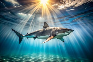 Fototapeta premium Majestic great white shark swims effortlessly through crystal-clear waters, its powerful silhouette emphasized against a bright sunlit ocean floor with serene blurred background.