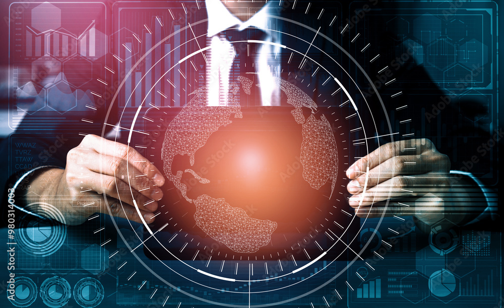 Poster data analysis for business and finance concept. interface showing future computer technology of prof
