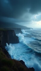 Obraz premium Dramatic Stormy Ocean Cliffs With Striking Lightning Phone Wallpaper