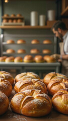 A beautifully arranged display of freshly baked bread in a cozy bakery. This image highlights the art of baking, perfect for culinary blogs, food marketing, and promoting local bakeries