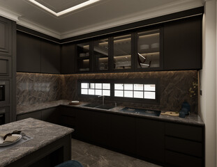 3d illustration interior of the kitchen was designed as a combination of classic modern and glamour styles. Grey decorative fronts of cabinets harmonize with black marble.