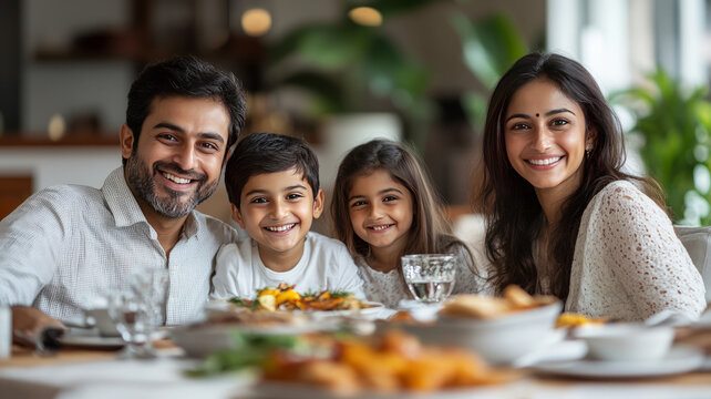 indian family at dining table, early 2000s, middle class, happy, celebrating