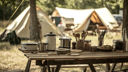 Obraz premium “Woodland Feast: Kitchen Gear and Dining Table in Nature”