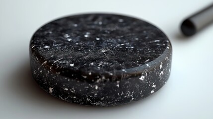 A round black stone object with a smooth surface and speckled pattern.