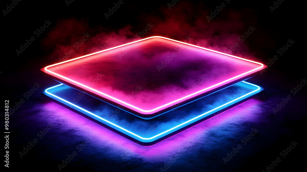 Wall mural Abstract glowing neon light platforms on a dark smoky background.