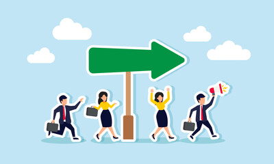 A group of businessmen or businesswomen walking towards a direction indicated by an arrow as a project marker, illustrating competition to secure a business project