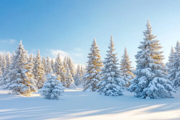 Fototapeta premium A serene winter landscape with snow-covered pine trees and a clear blue sky, capturing the tranquility and purity of nature in the cold season