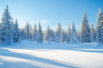 Naklejka premium A serene winter landscape with snow-covered pine trees and a clear blue sky, capturing the tranquility and purity of nature in the cold season