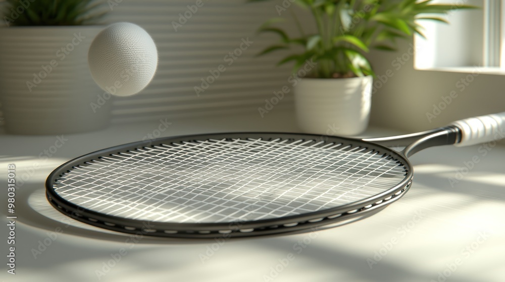 Poster a tennis racket with a ball hovering above it in a bright setting.