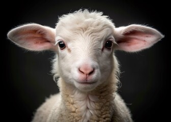 Fototapeta premium Adorable white lamb with fluffy fur and innocent eyes poses on a black background, evoking feelings of warmth, cuteness, and serenity in a beautiful portrait.