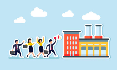 A group of employees walking towards a factory for a protest, illustrating a demonstration due to delayed wages or denied employee rights