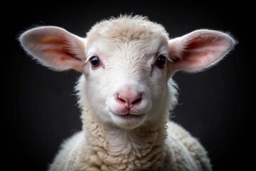 Obraz premium Adorable white lamb with soft fluffy fur and endearing expression poses on a sleek black background, highlighting its innocence and gentle nature.