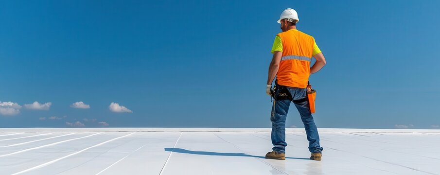 A roofer worker applying a reflective roof coating on a flat commercial roof to improve energy efficiency, reflective coating roofer, energy-efficient roofing