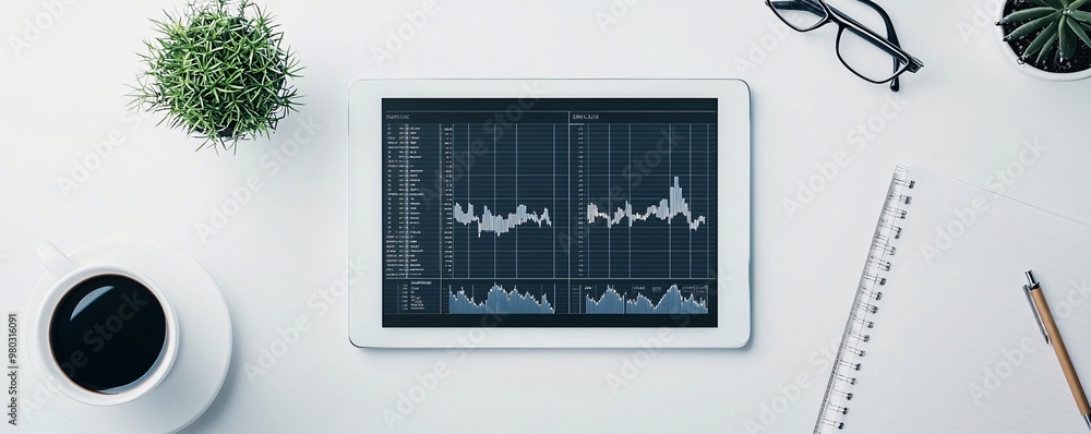 Poster an overhead view of a workspace where a financial report lies open next to a digital tablet displayi